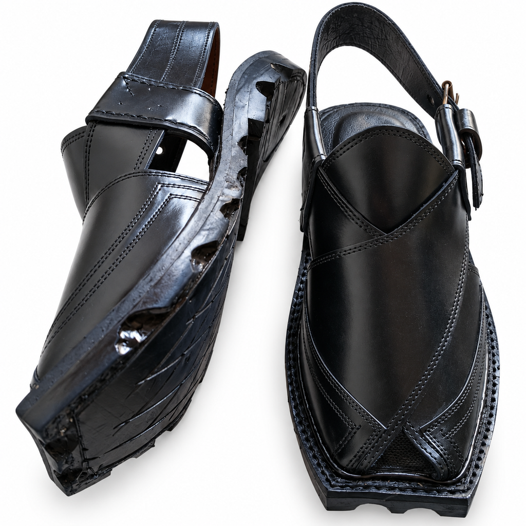 Men's Handmade Black Peshawari Chappal with Classic Stitching
