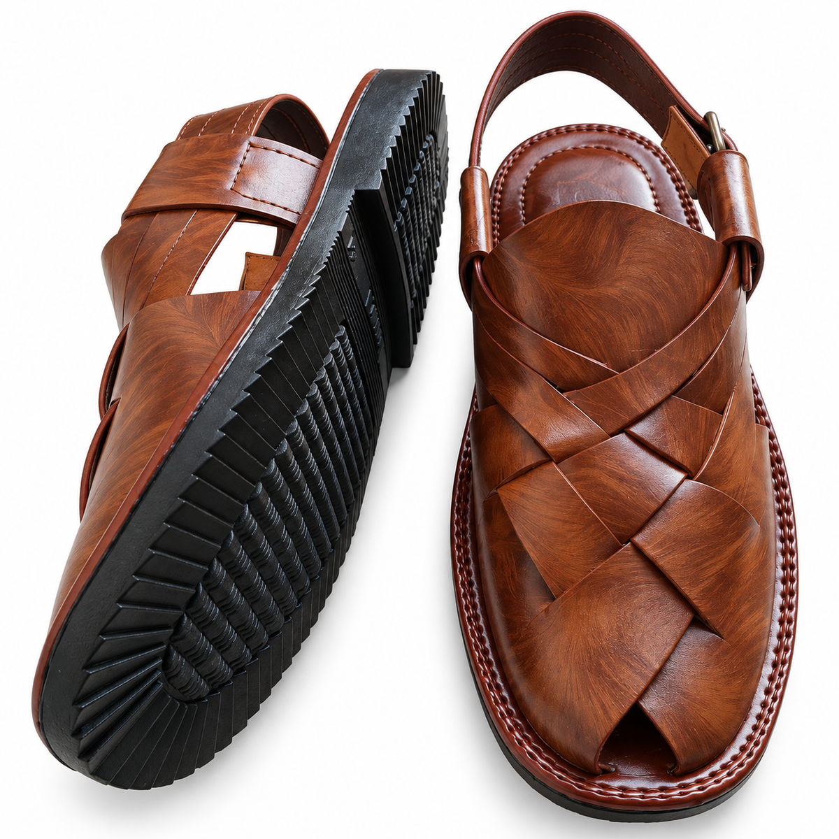 Men's Handmade Textured Brown Leather Peshawari Chappal
