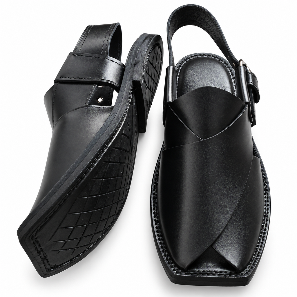 Men's Handmade Classic Black Leather Peshawari Chappal
