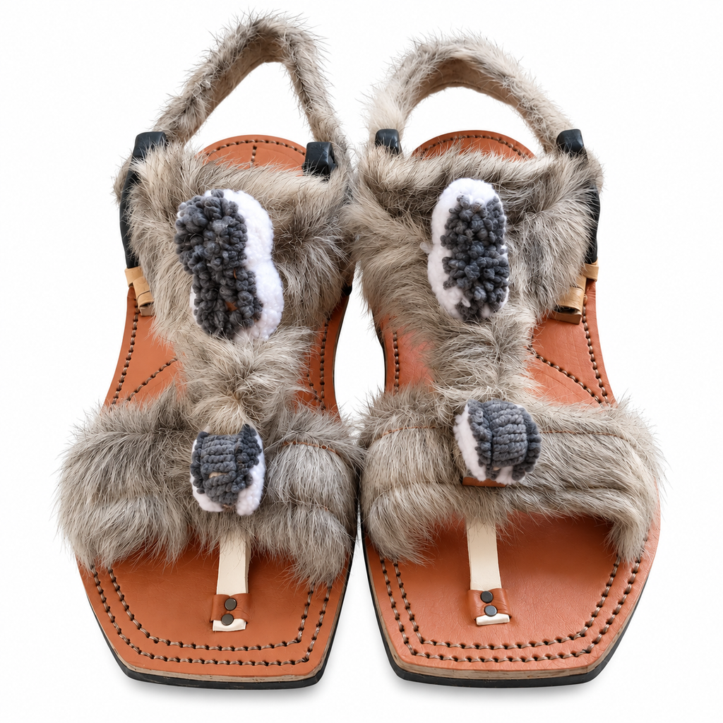 Men's Handmade Brown Leather Fur Sandals